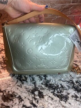 Louis Vuitton Patent Monogram Crossbody in Pale Green with Tan Strap w/COA